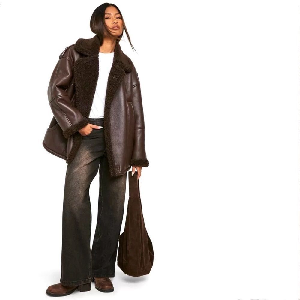 Boohoo Oversized Faux Leather Bomber Jacket in Chocolate - Picture 2 of 5